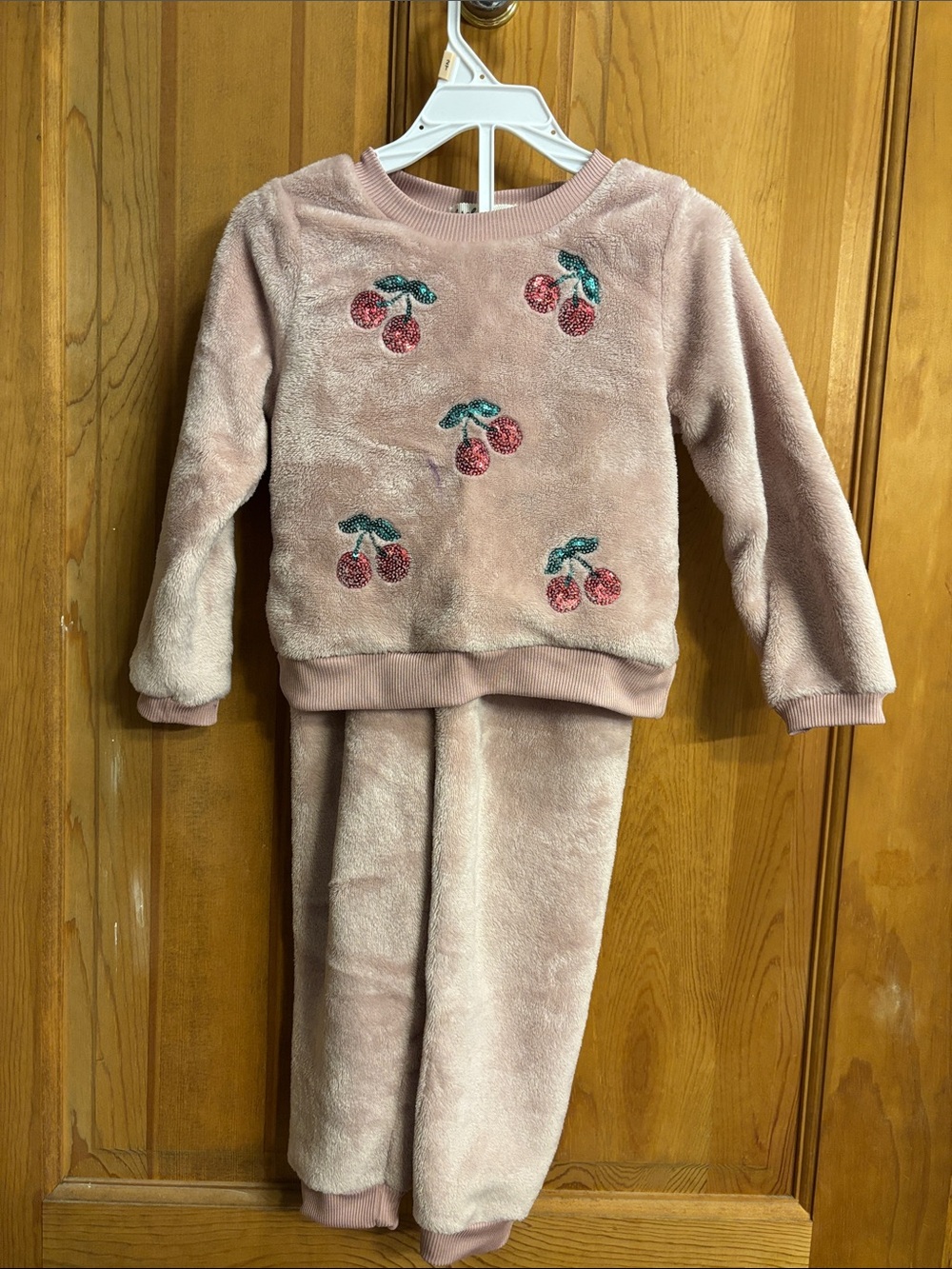 Derek Heart Plush Cherry Pajama Set - Light Pink with Sequin Cherries